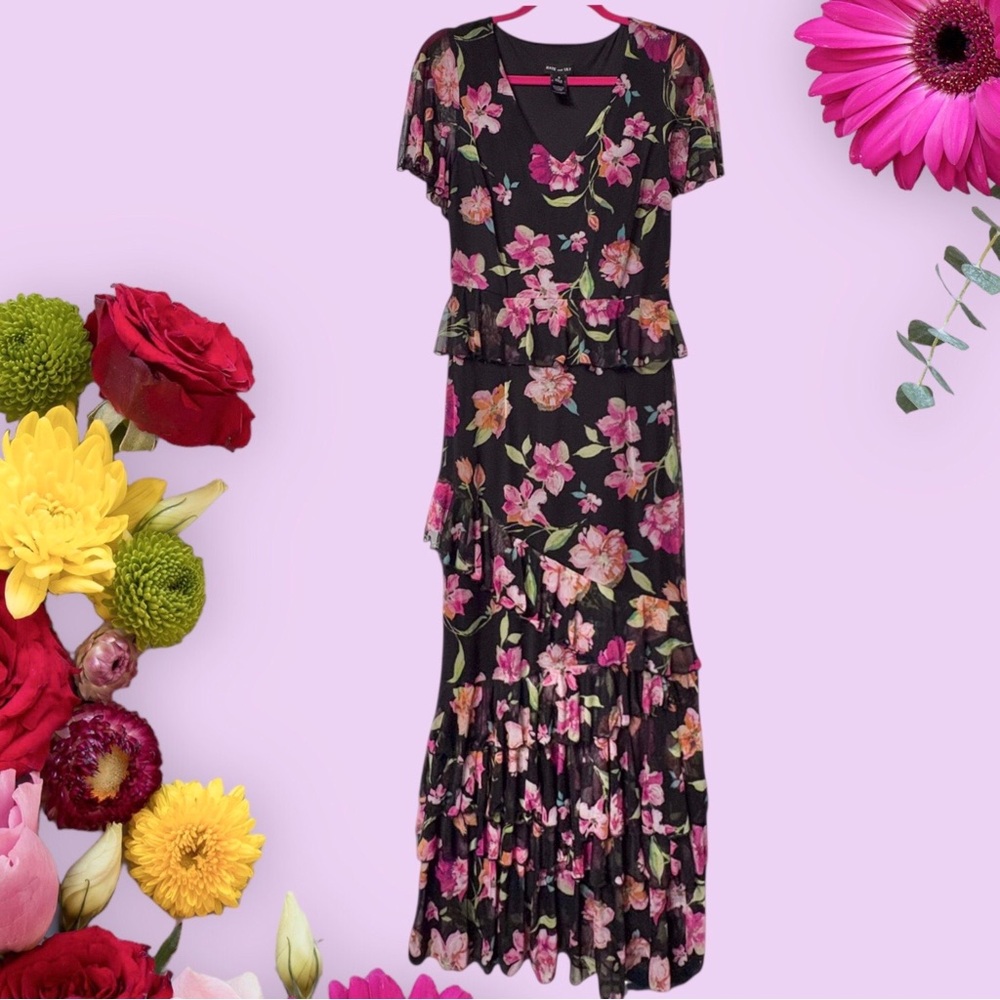 Kate & Lily Floral Black Short-Sleeve Ruffle Mesh Tiered Maxi Dress